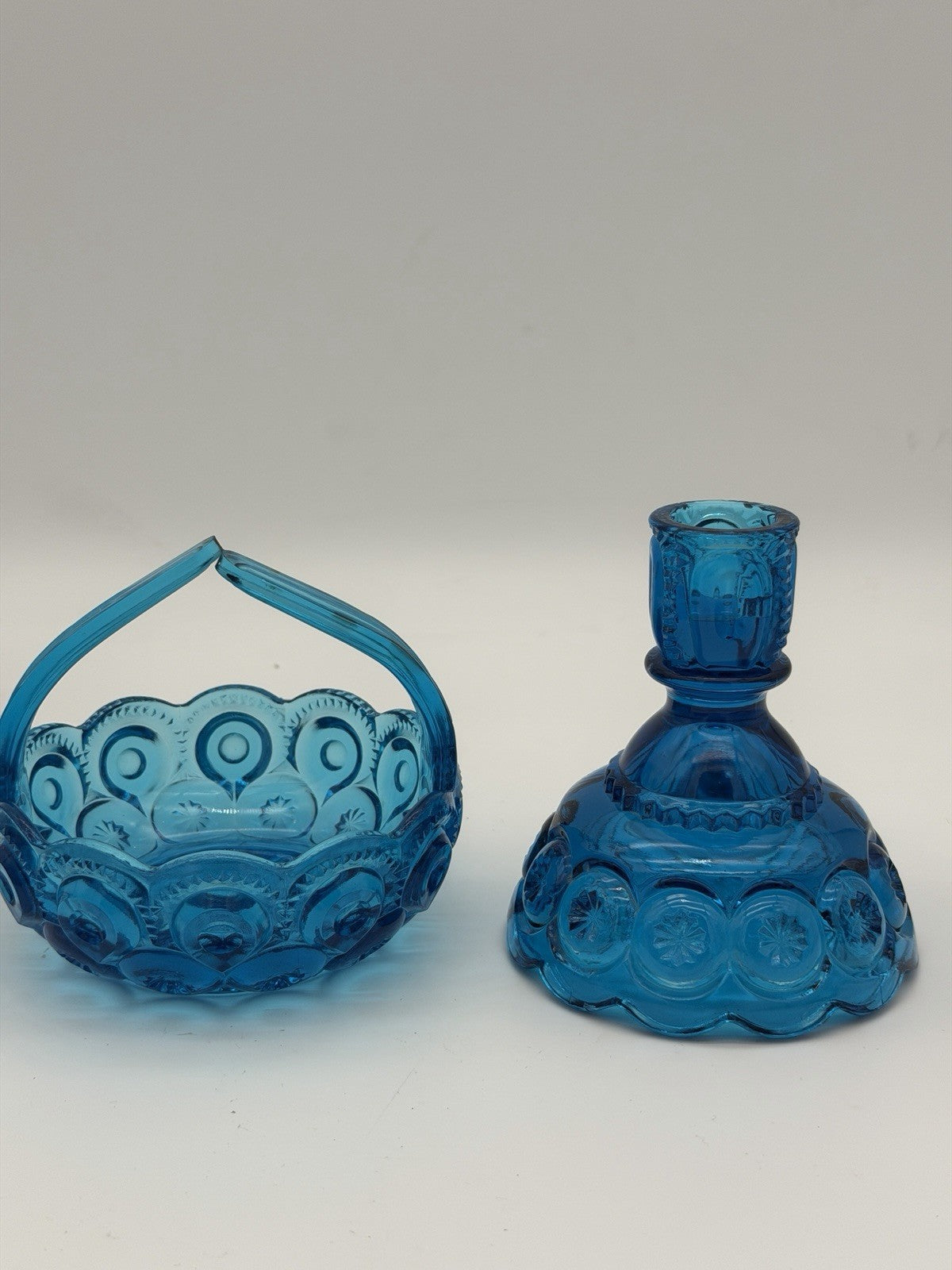 MCM LE Smith Moon & Stars Art glass basket & Candleholder colonial blue Set