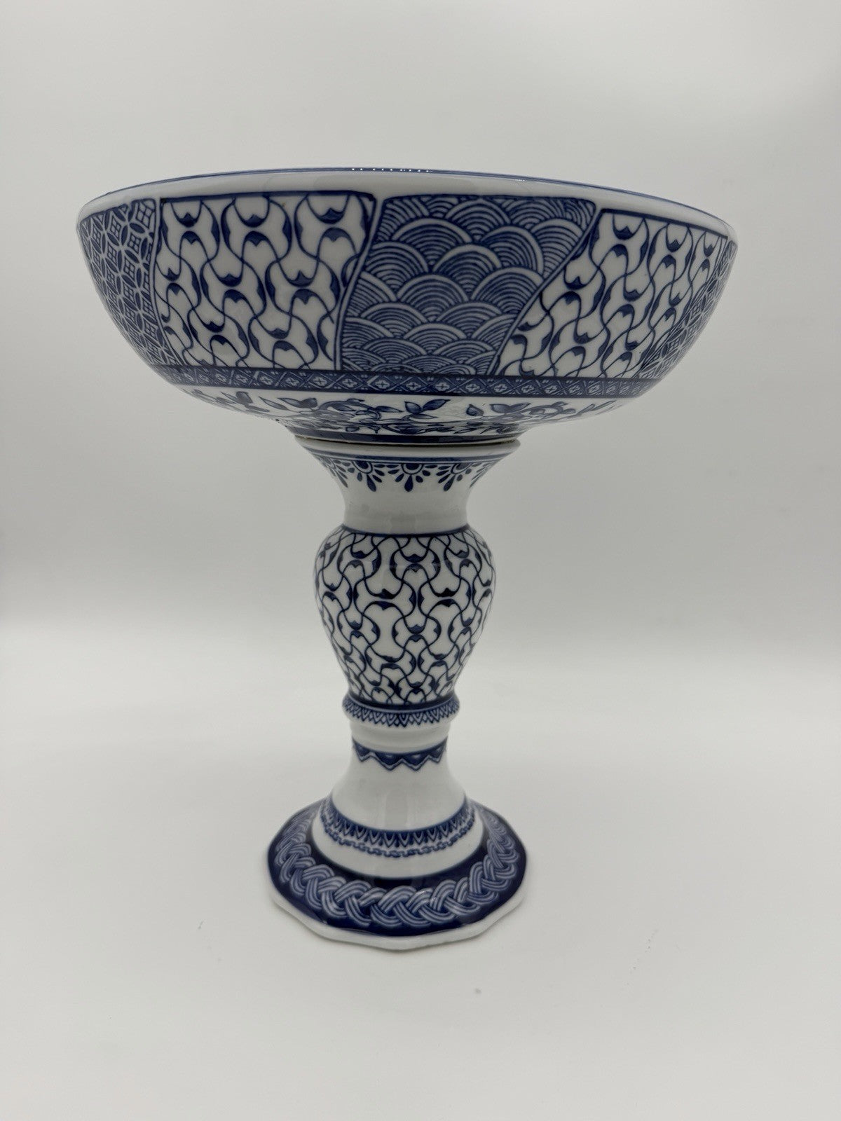 Bombay Company Blue & White Porcelain Compote Pedestal Bowl Footed 12”H X11”w