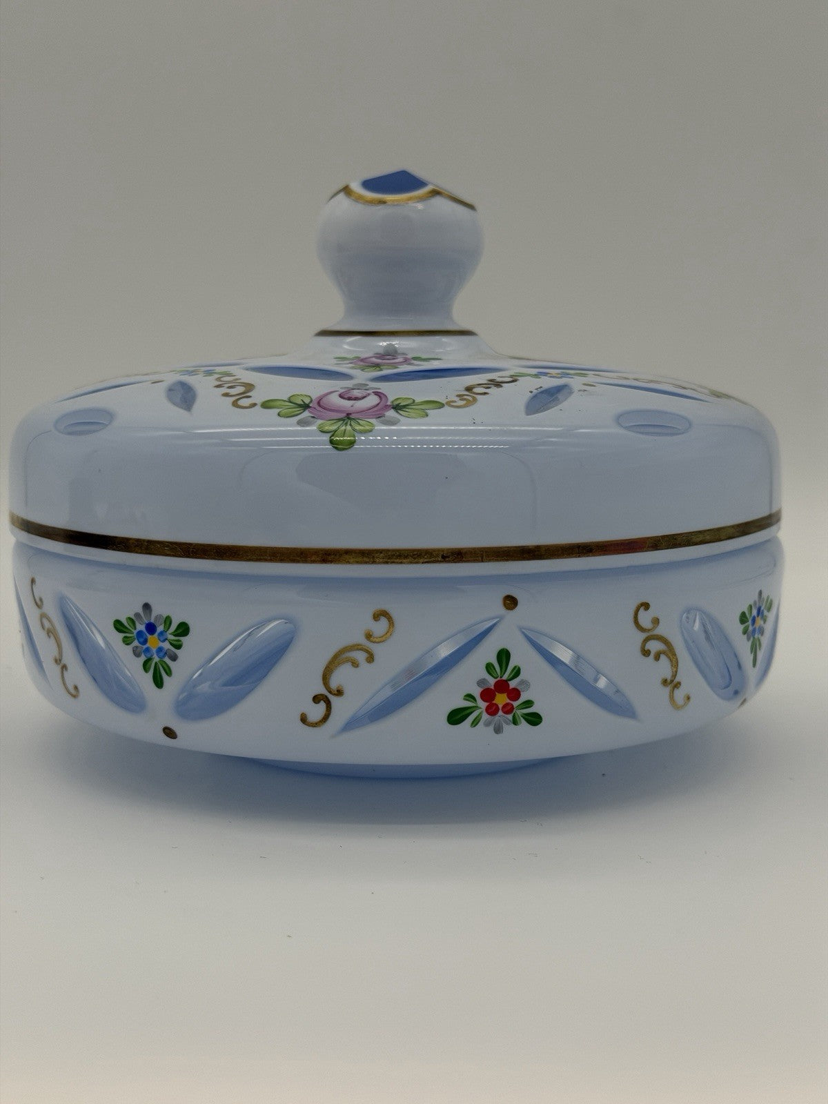 Czech Bohemian Baby Blue Cased to Blue Art Glass Lidded Candy Dish Large 6”x5”