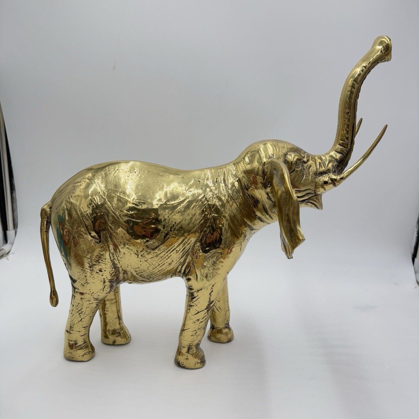 Solid Brass Elephant Sculpture Large 15”Tall Trunk Up Made In Korea Gold Heavy