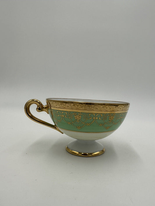 Czchoslovakia Bohemia Teacup Footed 24K Gold Encrusted Green Serveware Porcelain