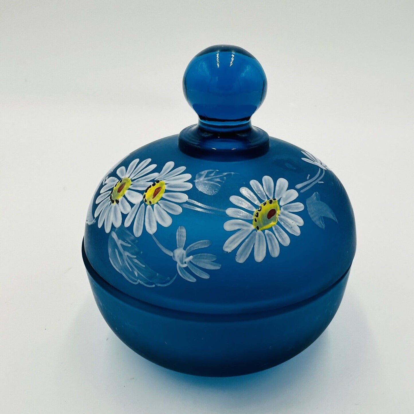 Westmoreland Vanity Dish Blue Satin Glass Lidded Trinket Hand Painted Daisies