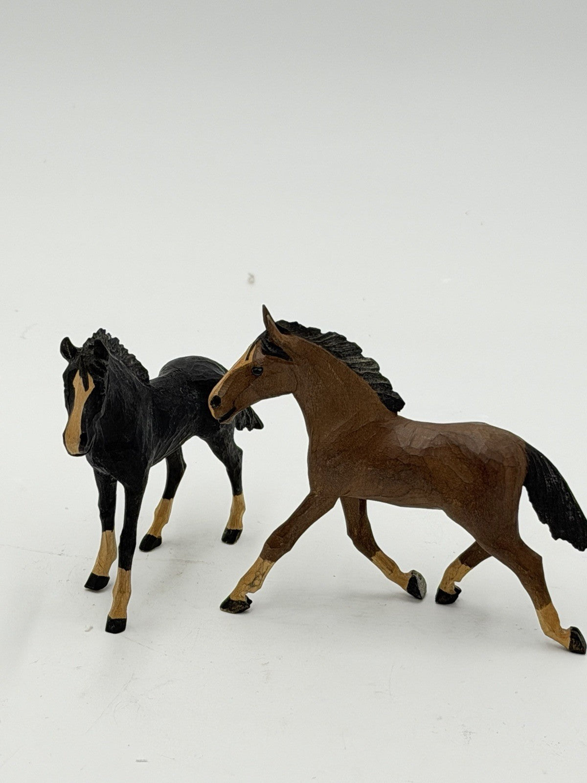 Vintage Swiss Folk Art Wooden Carved Horses Foals Figurines 3”H
