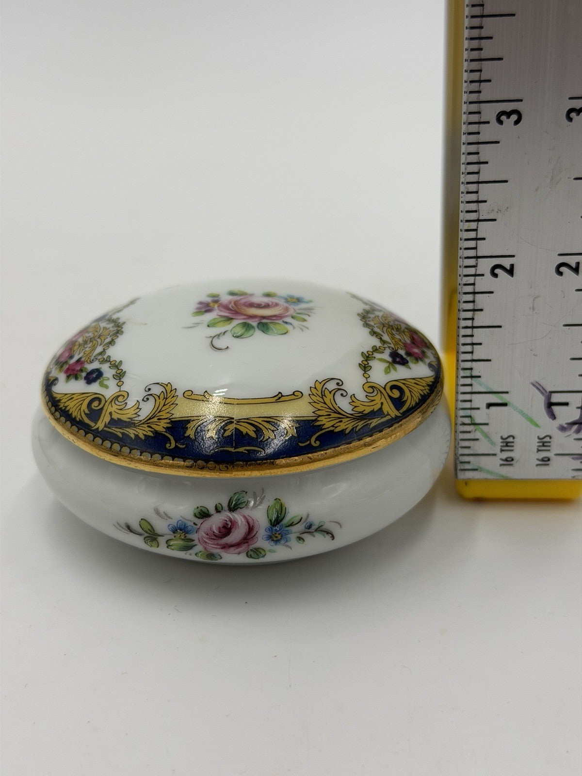 Vintage Imperia Limoges France Floral White/Blue 22K Gold Round Trinket Box