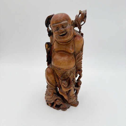 Antique Fine Hand Carved Laughing Buddha Chinese Figurine Folk Art 9.5” Solid