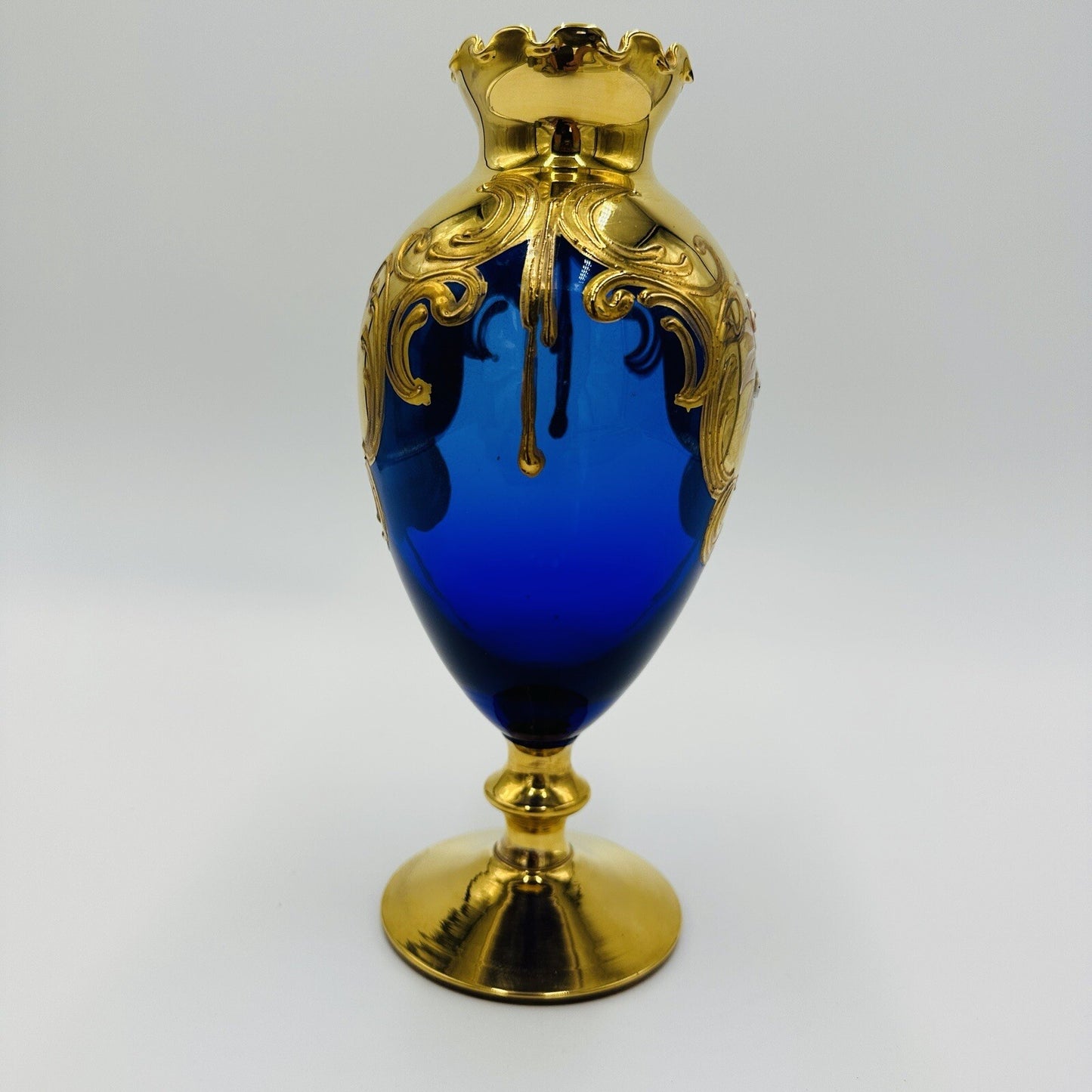 Venetian Italian Vase Cobalt Blue Ruffle Footed Gold Glass Floral Applique