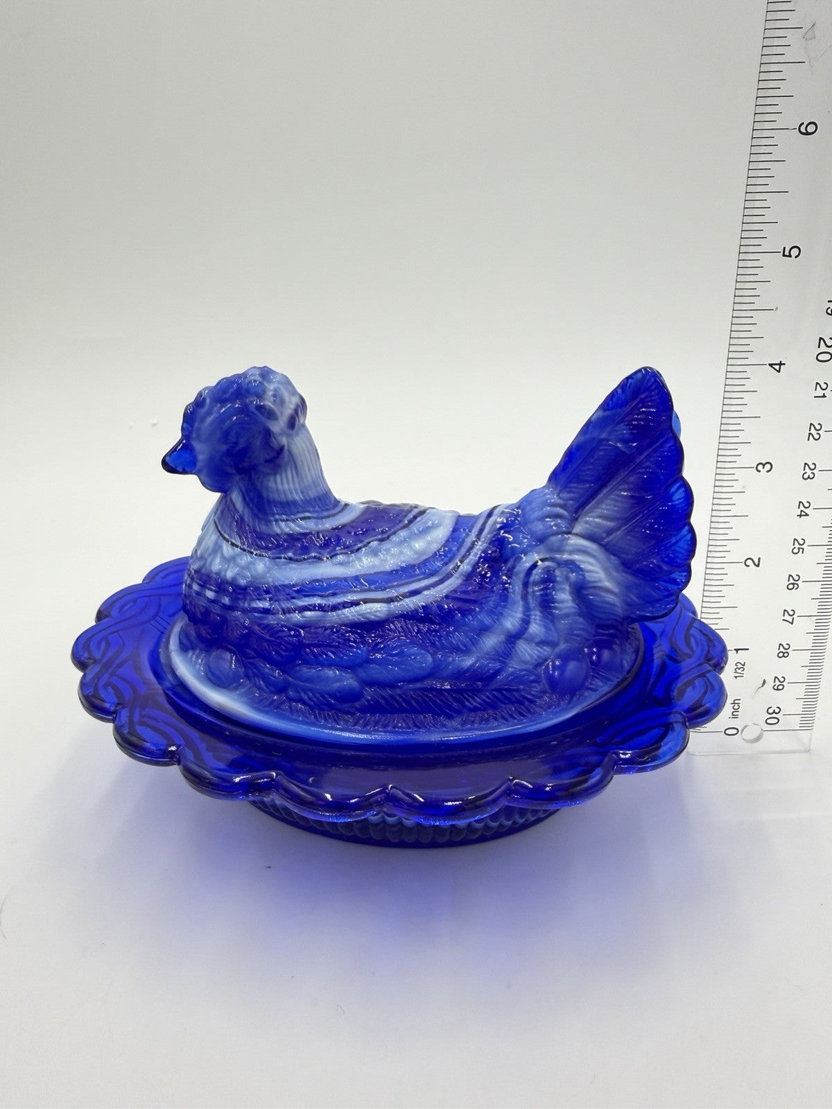 Mosser Art Glass Swirl Hen On Nest 6.5" Cobalt Blue & White Slag Covered Dish