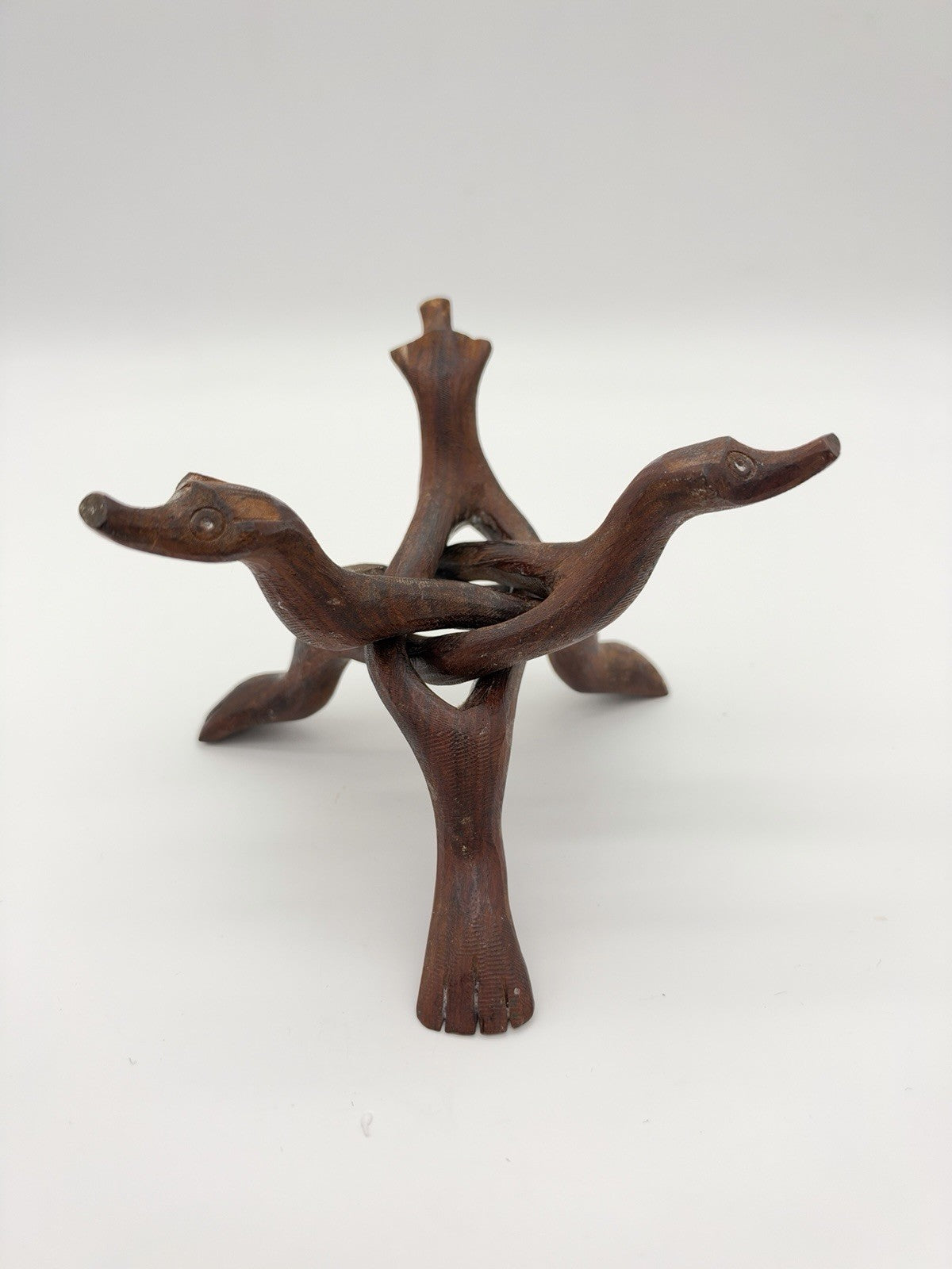 20th Century Boho Chic Hand Carved Wood Bowl Stand Snake Head 5”H