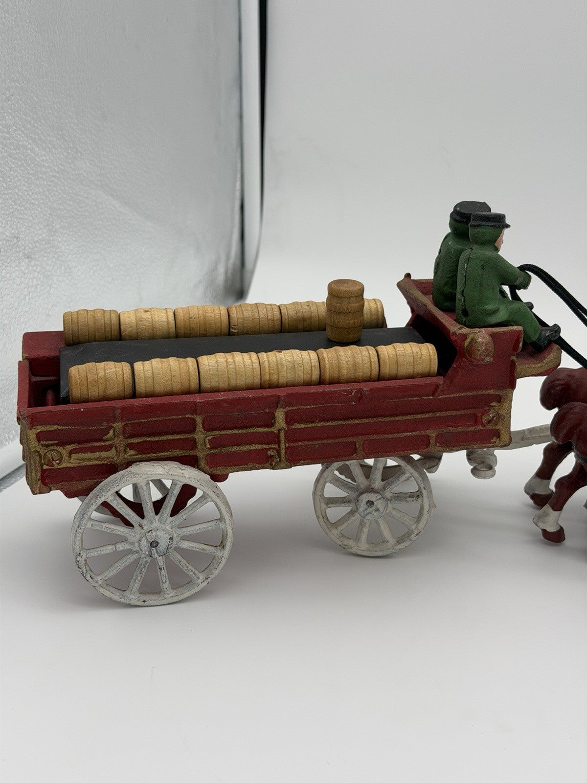 Vintage Budweiser Clydesdale Horse & Beer Wagon Cast Iron Set w/ 11 Wood Barrels