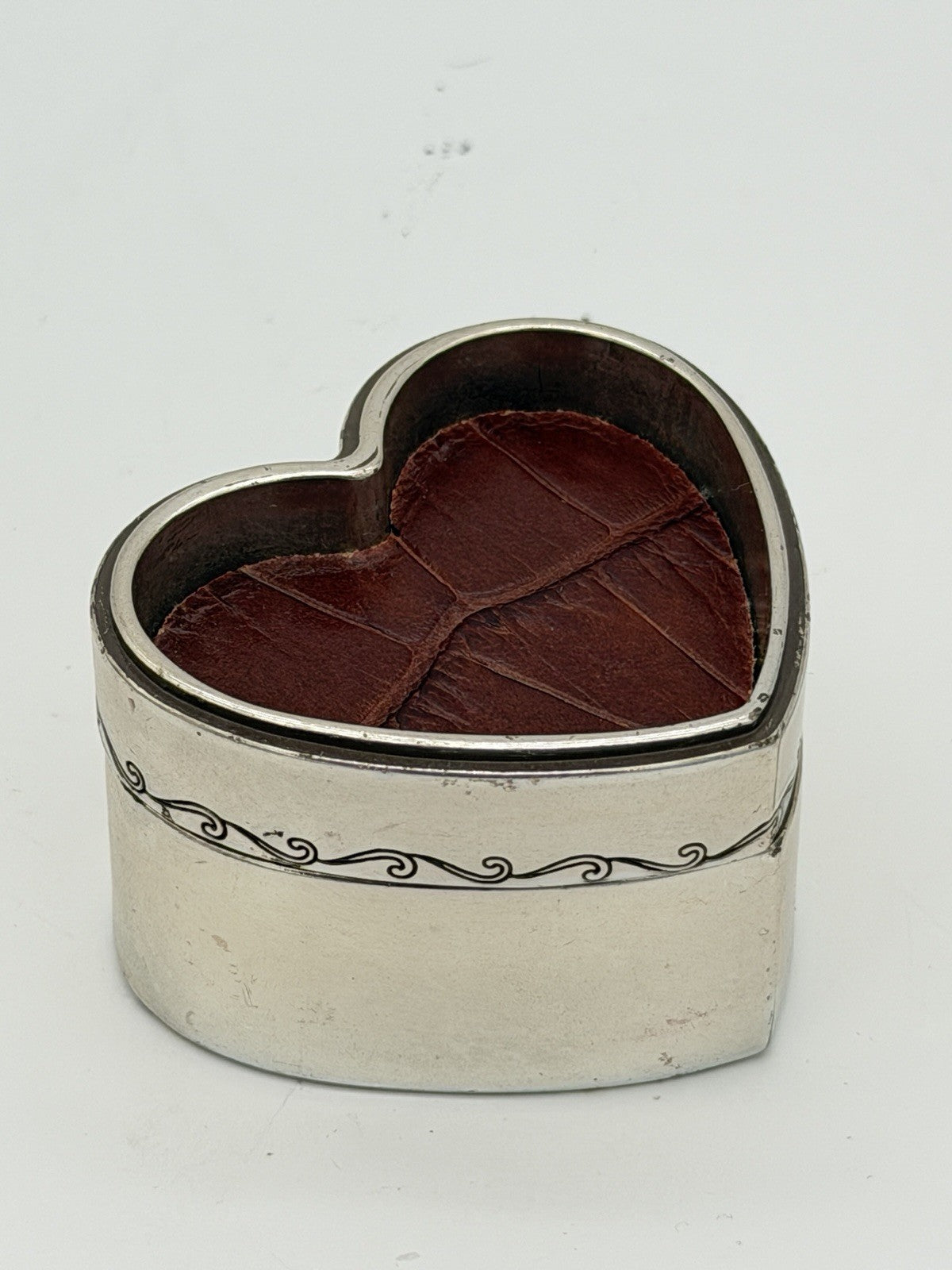Vintage Brighton Silver Tone Trinket Box Heart Shape Leather Accents Jewelry Box