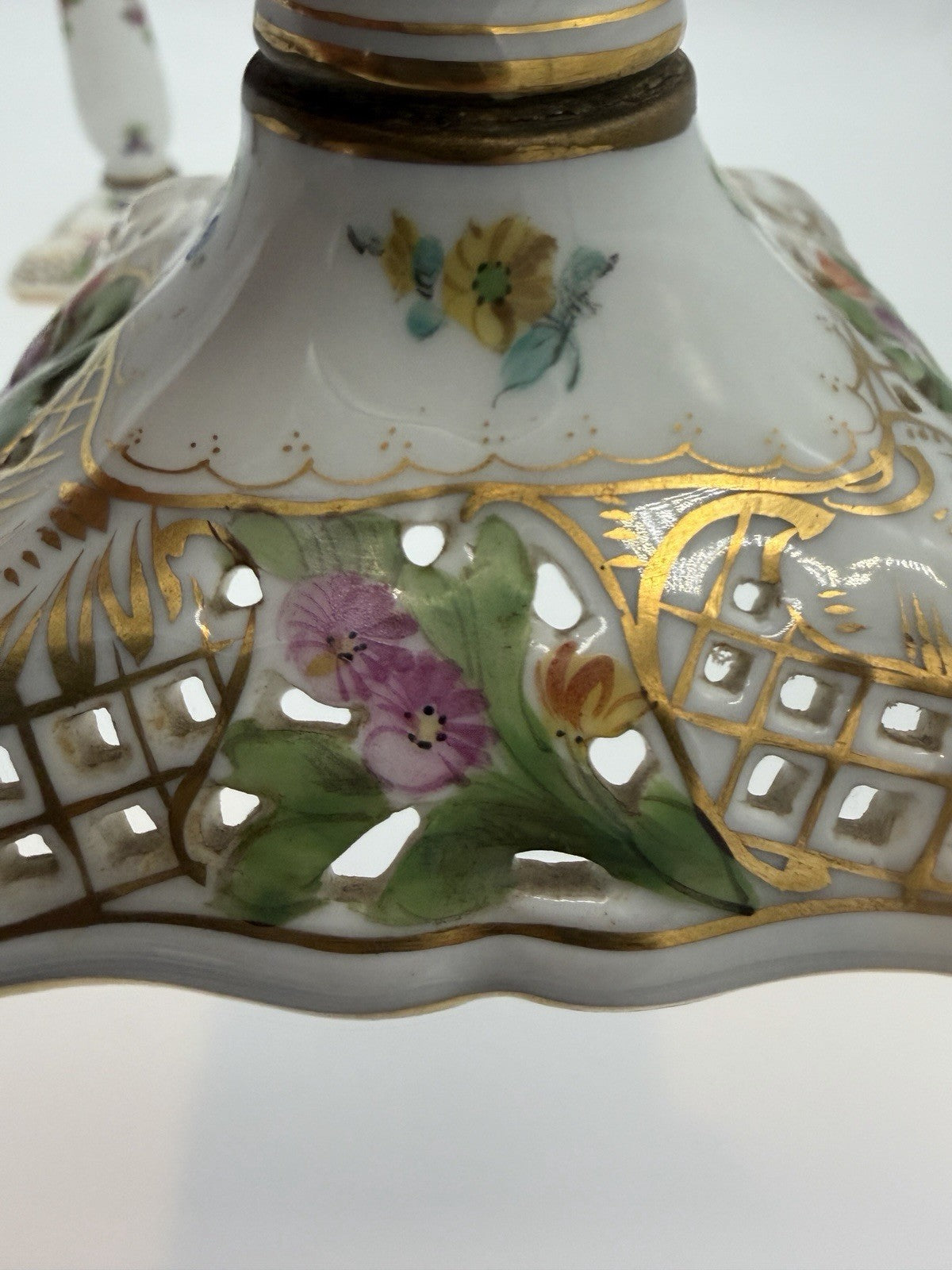 Antique  Dresden Porcelain Carl Thieme Saxony Reticulated 10" Candlestick Floral