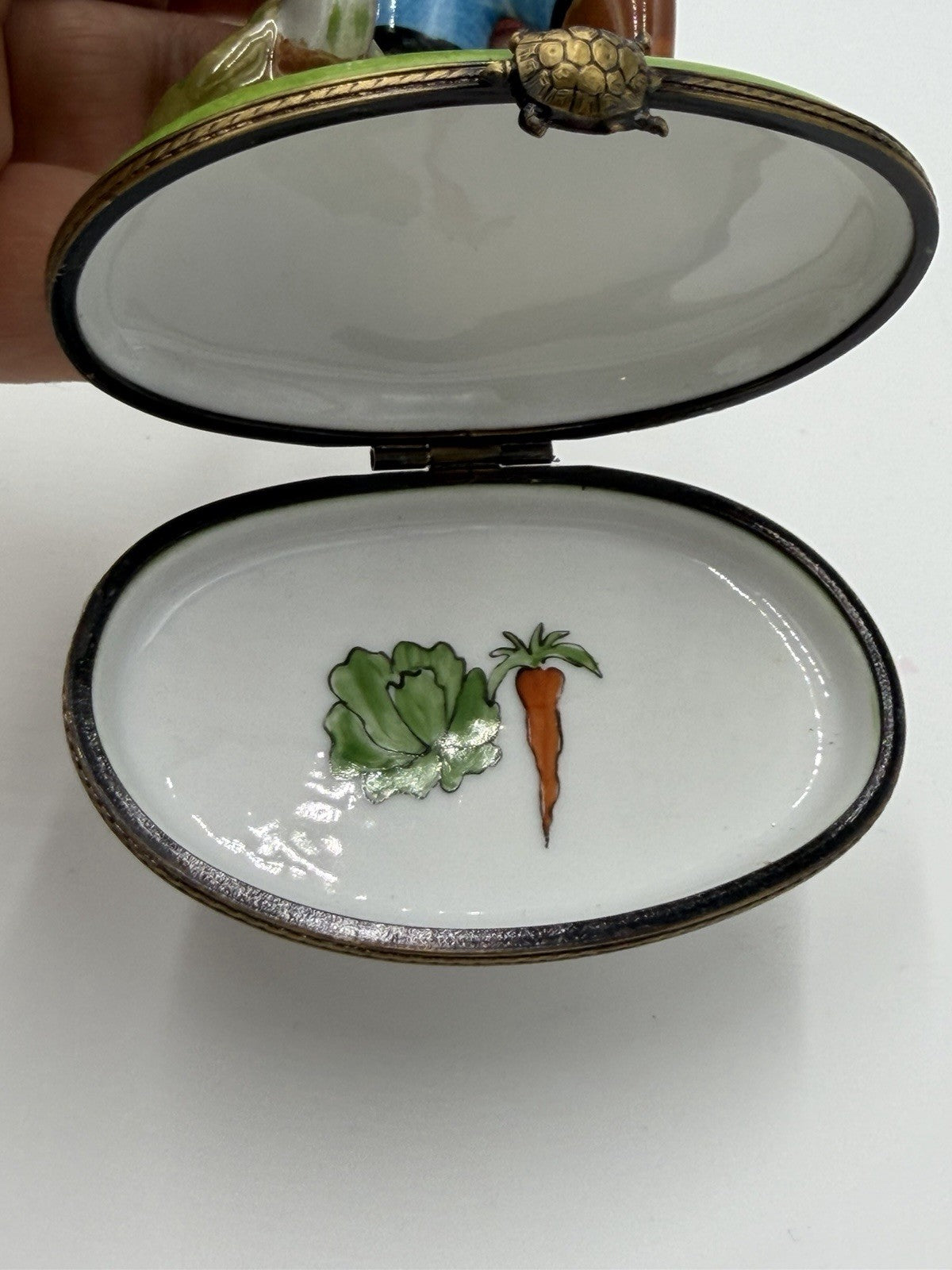 Rare Limoges France Porcelain Trinket Box Turtle & the Hare 4.2”H Painted Signed
