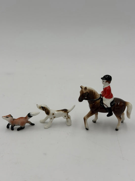 Vintage Japan Bone China Fox Hunt Painted Figurines Horse Rider & Fox Miniature
