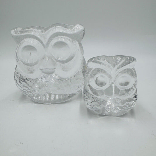 Skruf Sweden art glass owls figurines frosted  Signed 1974 MCM