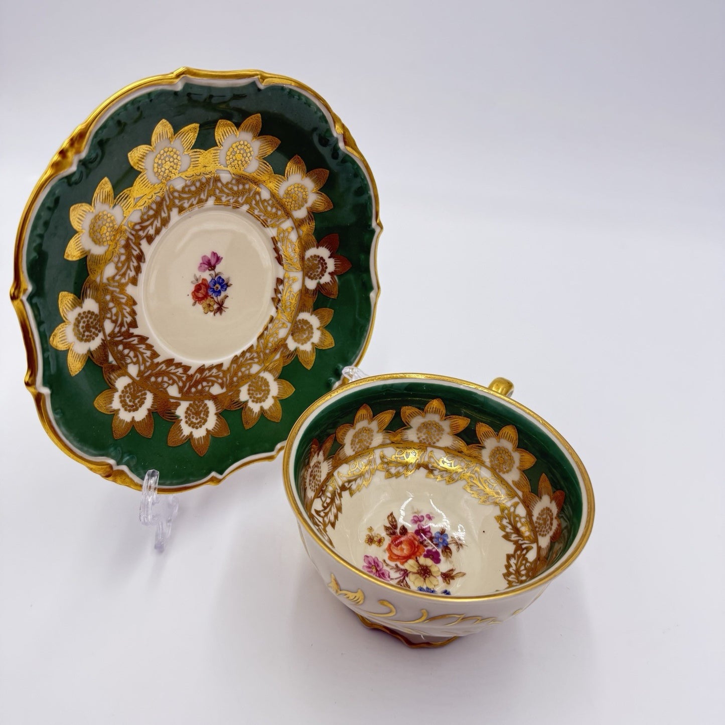 Antique Schwarzenhammer Bavaria Porcelain  Gold Trim tea cup & saucer Green
