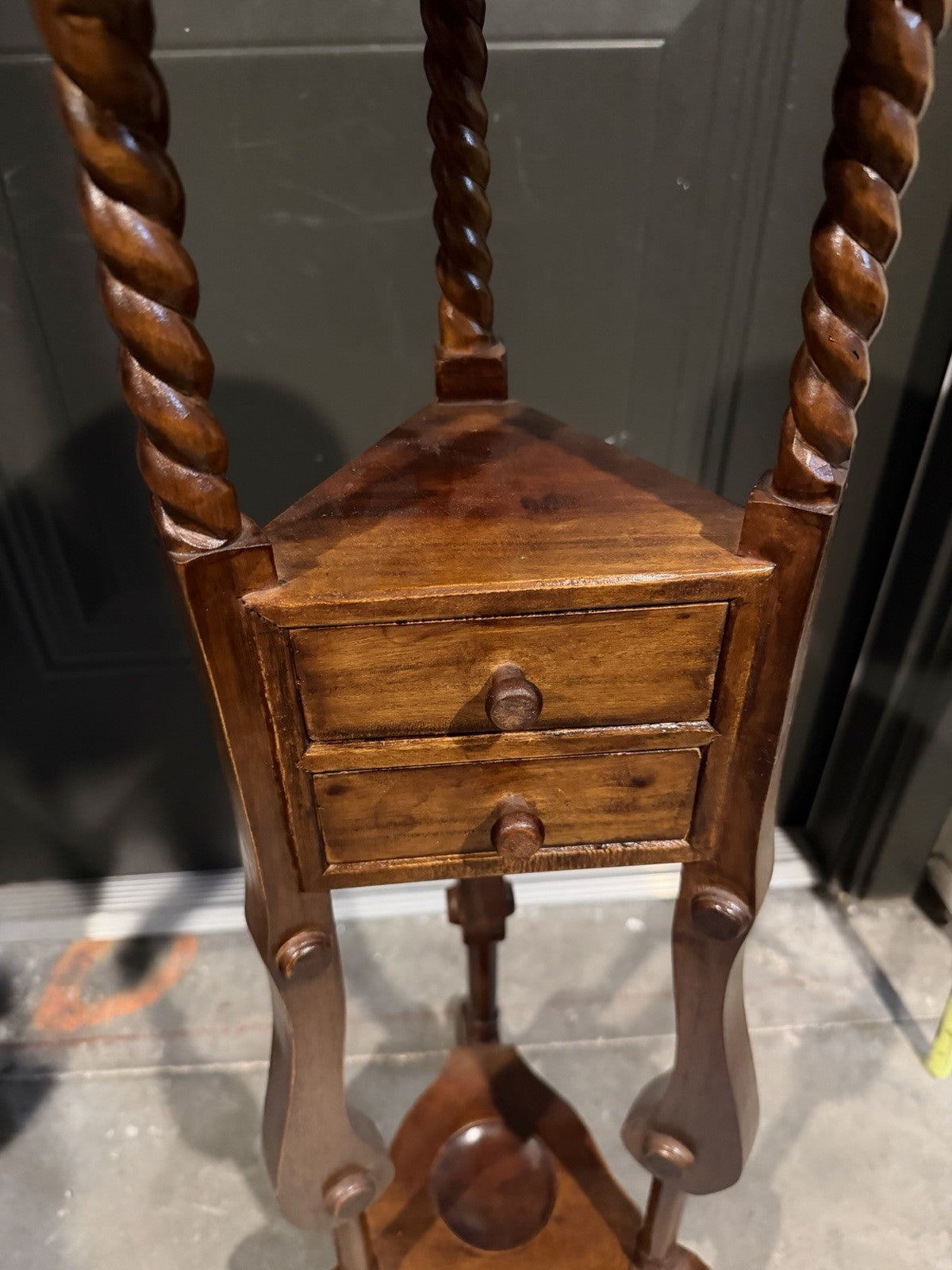 Victorian Mahogany Two Drawer Barley Twist Pedestal Plant Stand Wood Table 34”H