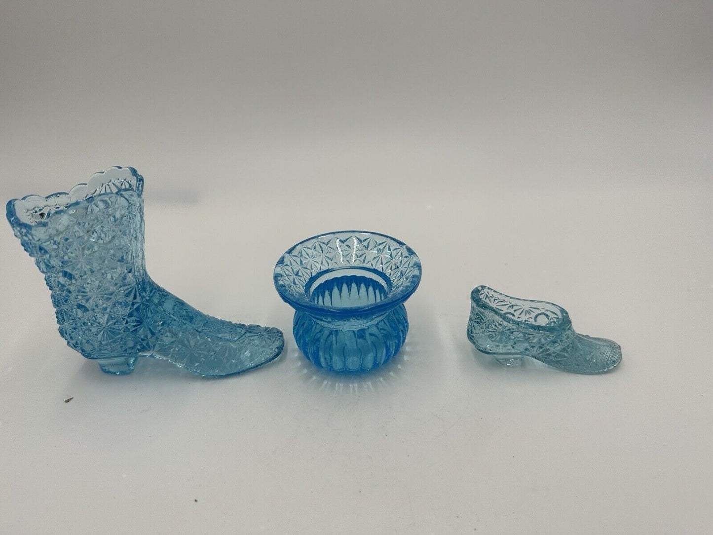 Fenton Victorian Shoes Set of 3 Mini Vase Vintage Aqua Blue Art Glass