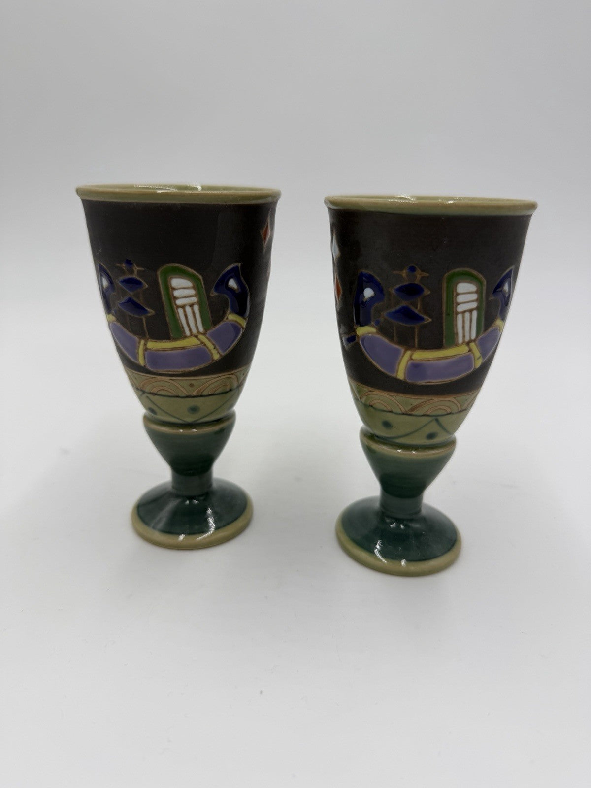 VTG Arita Cups Horse Signed Incised & Enameled Pottery Wine Goblet 4 1/2" Japan