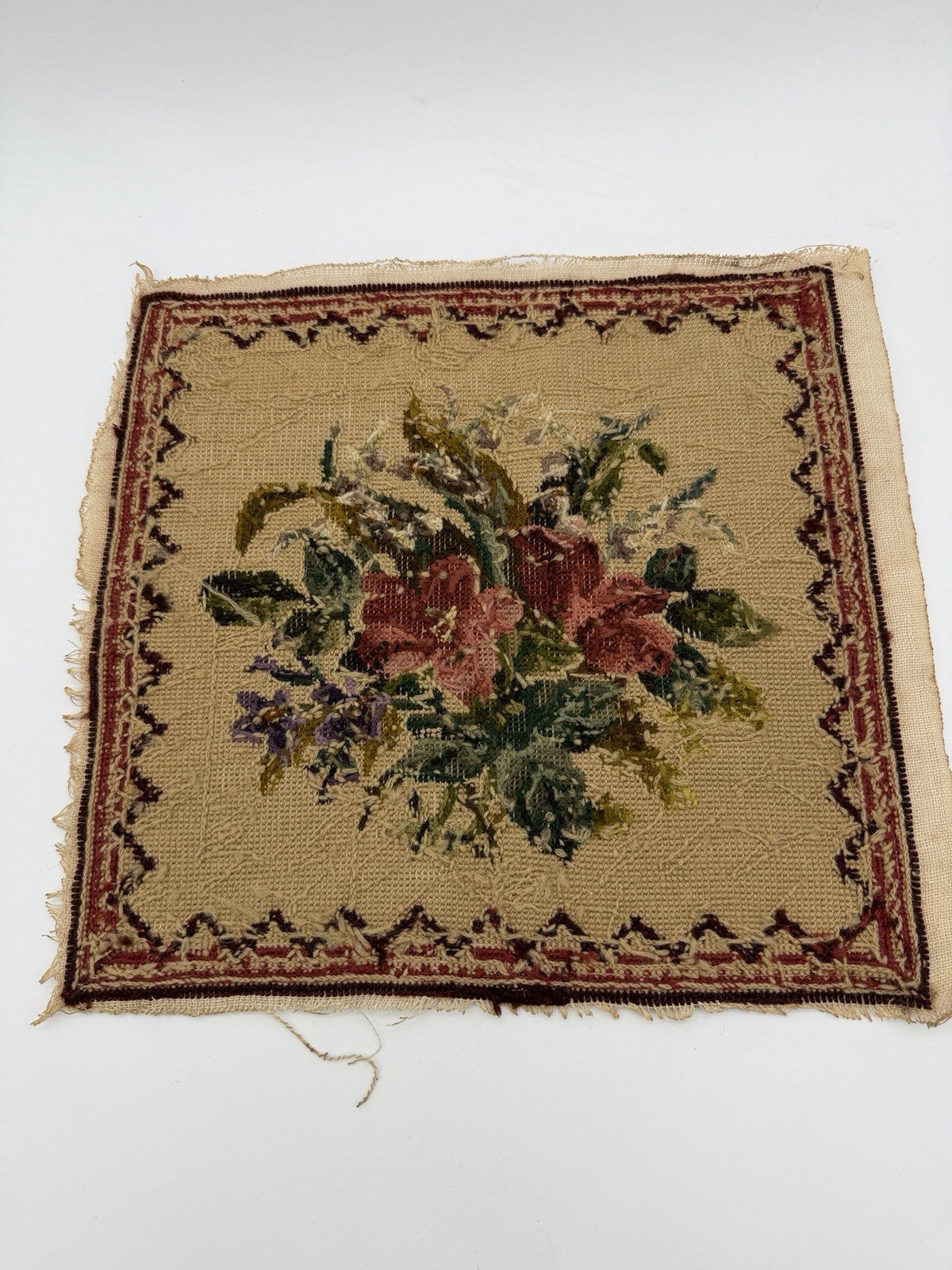 Antique Needlepoint Embroidery Victorian Roses Wool Embroidery panel top 12”x12”