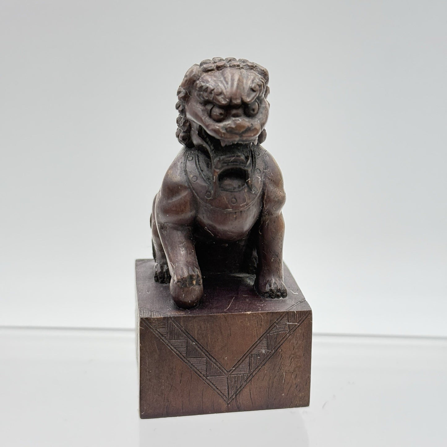Foo Lion Chinese Hand Carved Wooden Figurine Solid 3.5in Vintage