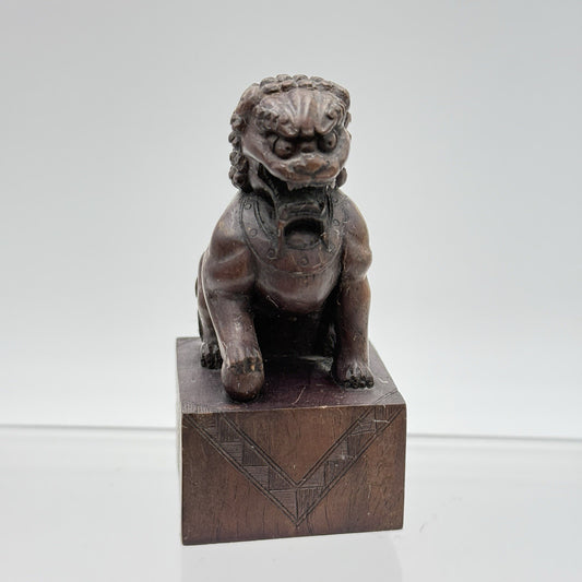 Foo Lion Chinese Hand Carved Wooden Figurine Solid 3.5in Vintage