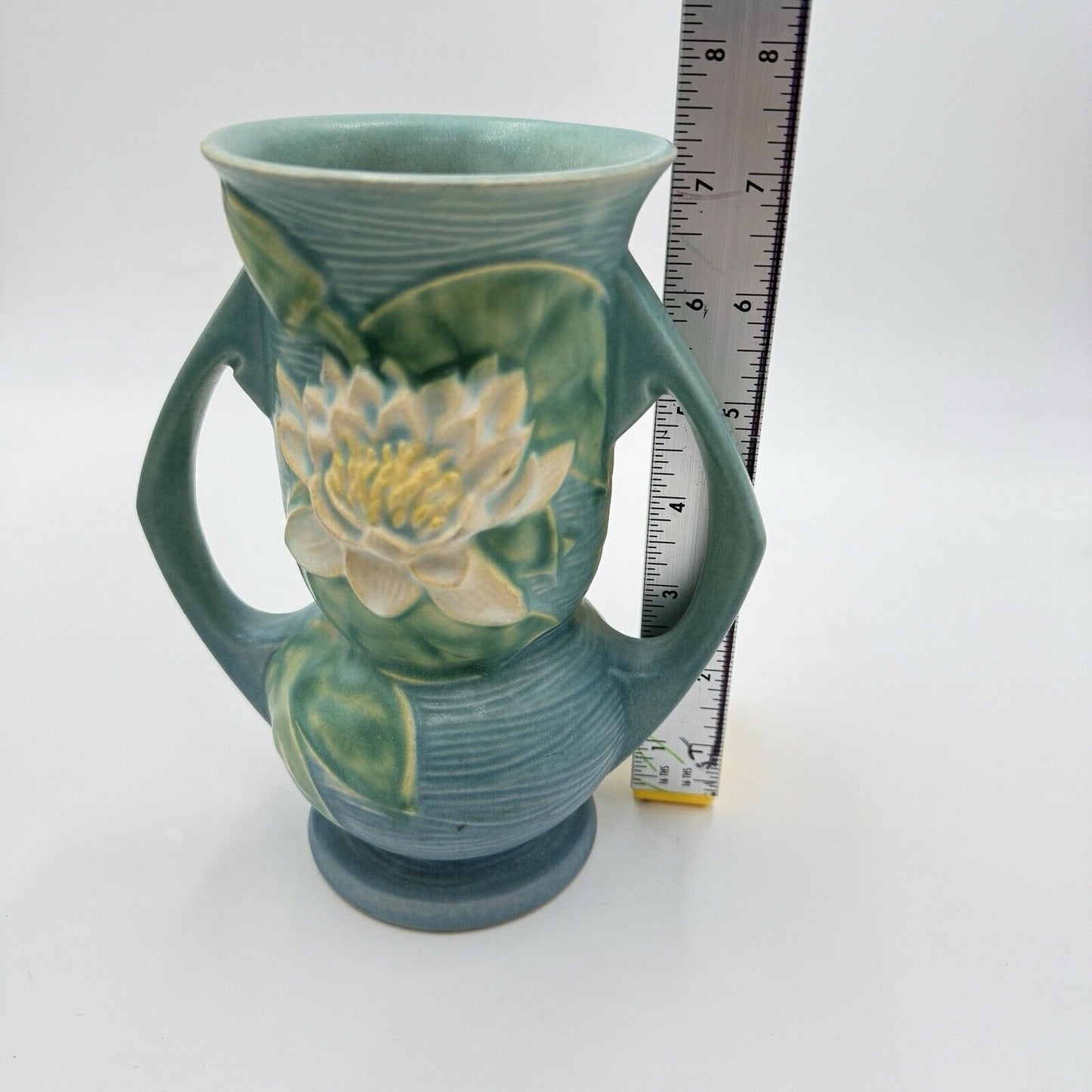 1943 Roseville Art Pottery USA 74-7 Blue Water Lilly 7” Vase Embossed Vtg (flaw)