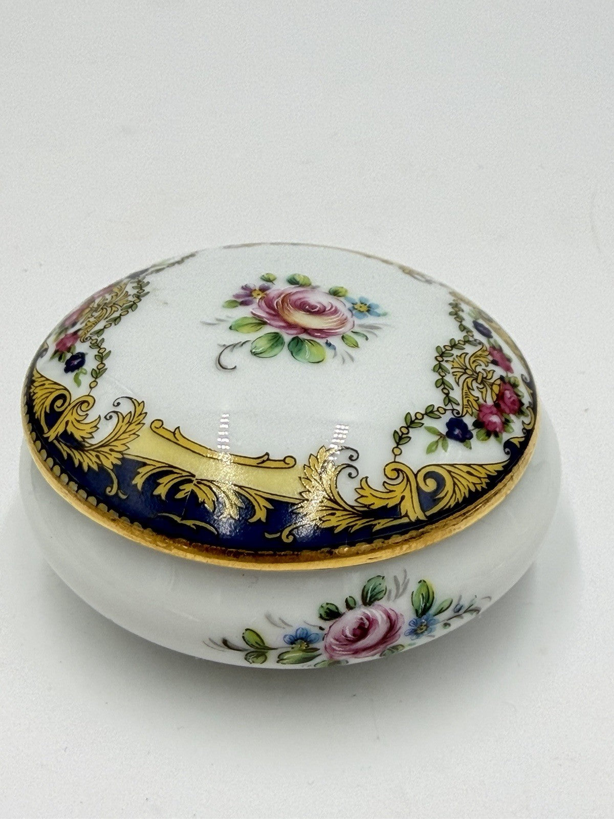 Vintage Imperia Limoges France Floral White/Blue 22K Gold Round Trinket Box