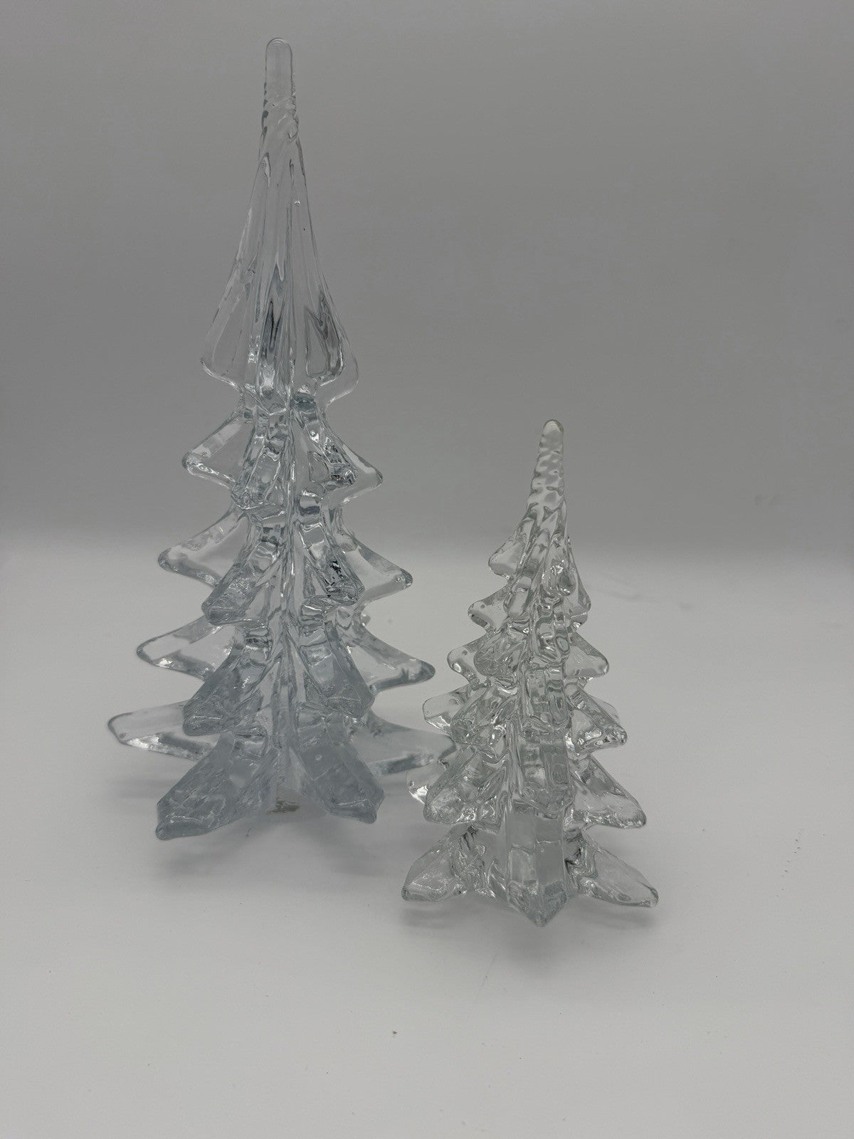 Vintage Silvestri Handcrafted Clear Art Glass Christmas Trees 10.5”&6” Figurines