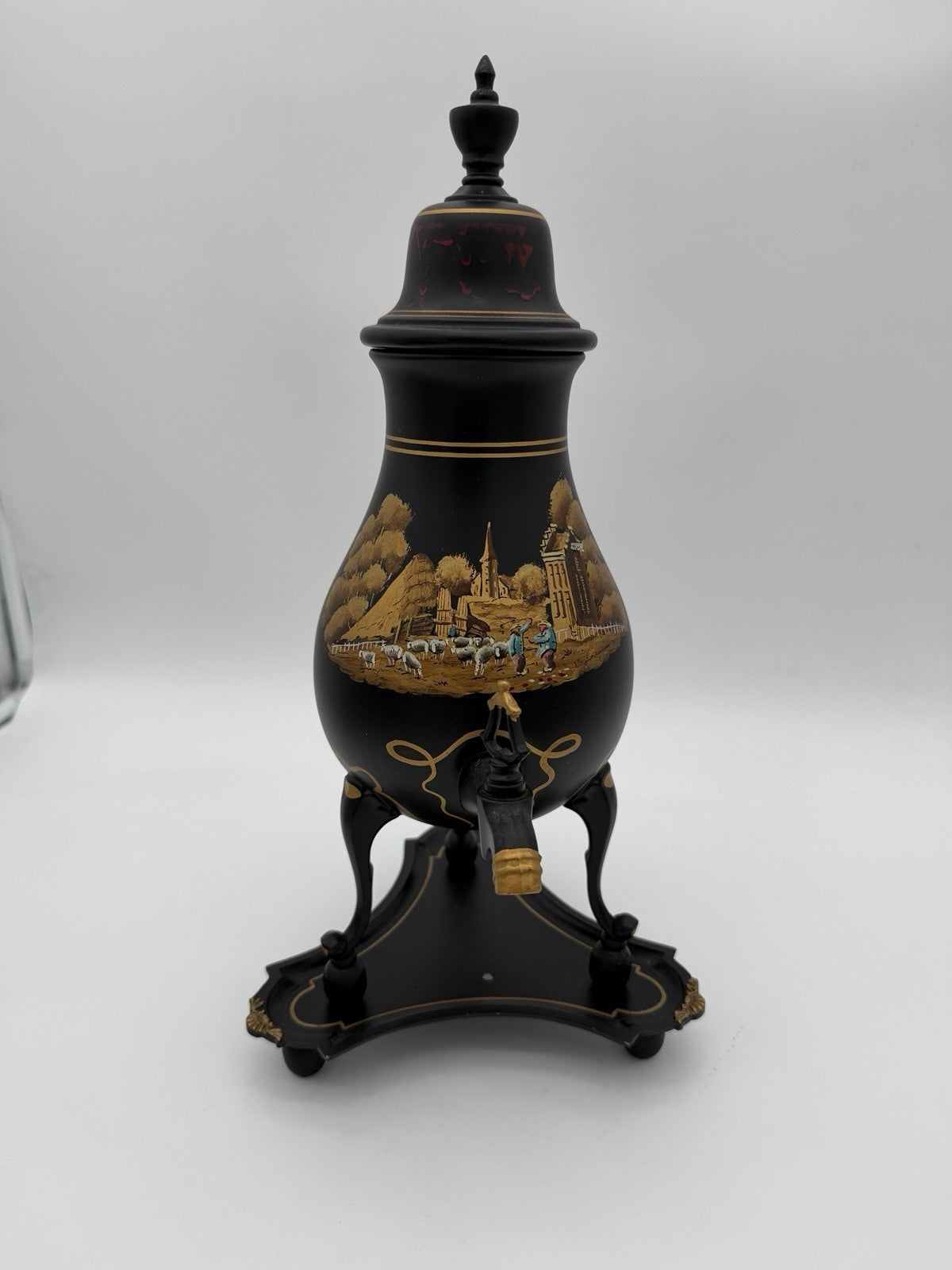 vintage C. Kurz & Co Tiel Dutch black & gold Hand painted pewter samovar W/base