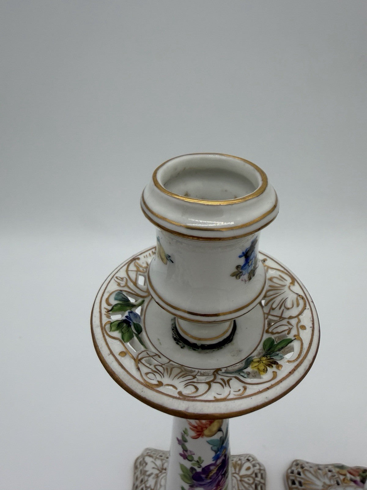 Antique  Dresden Porcelain Carl Thieme Saxony Reticulated 10" Candlestick Floral