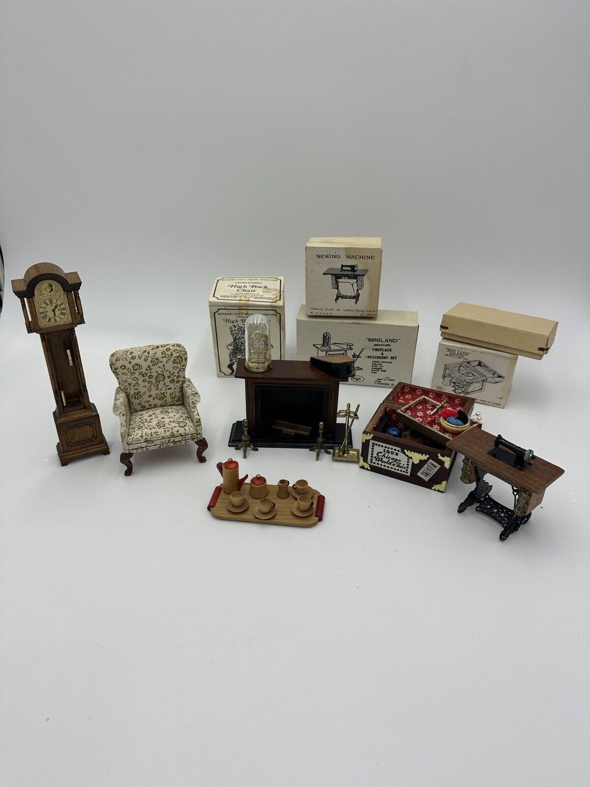 Dollhouse Furniture Lot Clock Sewing Machine Land Chest Fireplace Chair Vintage