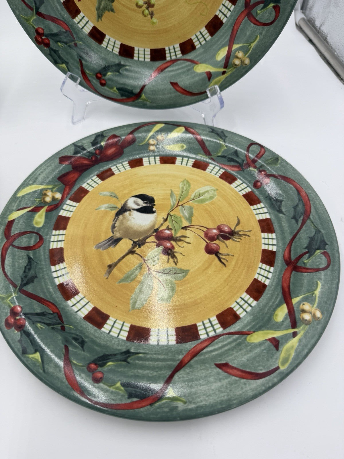 Lenox Porcelain Winter Greetings Everyday Dinner Plates Cardinal Chickadee Set 4