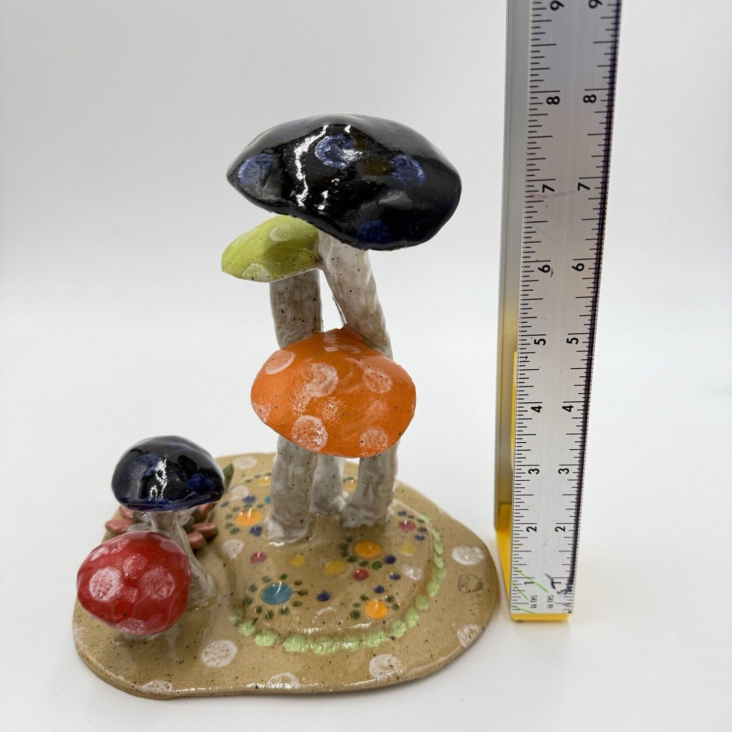 KD Signed Art Pottery Mushrooms Sculpture Studio Crafted Vintage Ceramic Painted