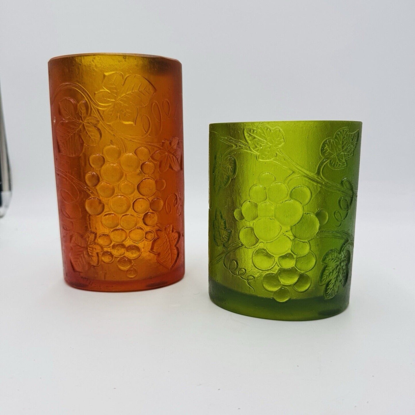 MCM Sascha Brastoff Candle Holder Vase Signed Green Amber Embossed Fruit