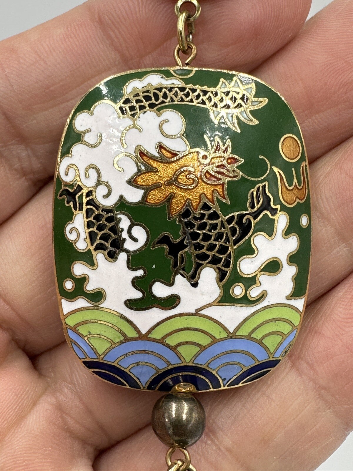 Necklace Tasseled Enamel Pendant Asian Dragon Design Gold Tone Vintage Green