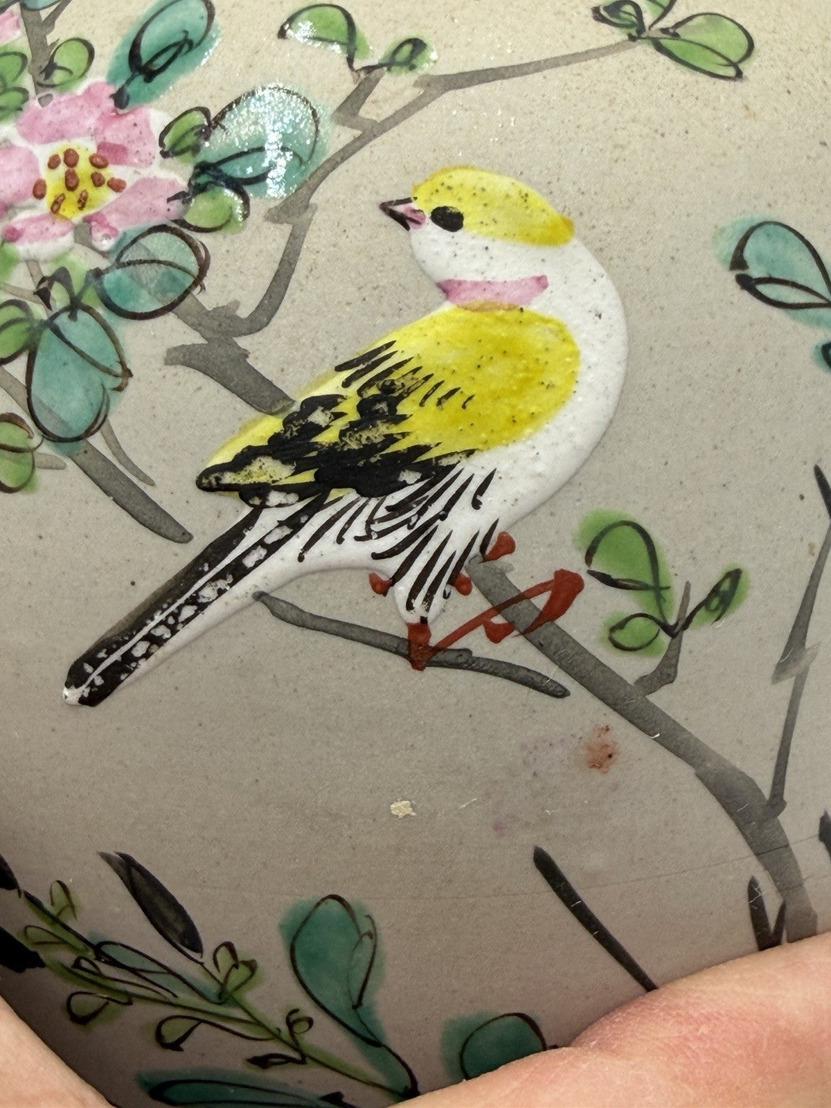 Antique Japanese Pottery Cherry Blossom Yellow Goldfinch Painted Vase 5”H