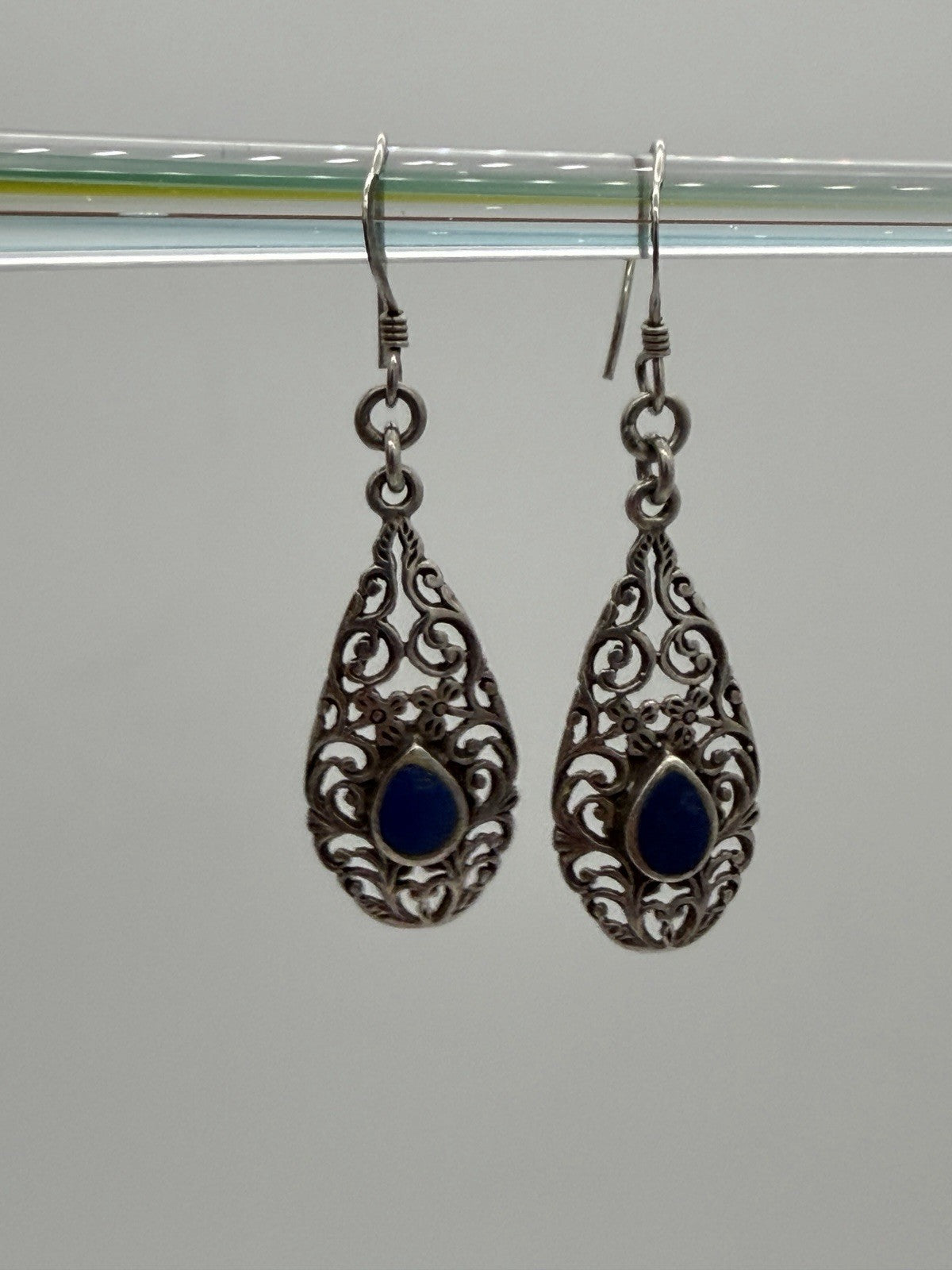 Sterling Silver Filigree with Blue Accent Stone Dangle Earrings