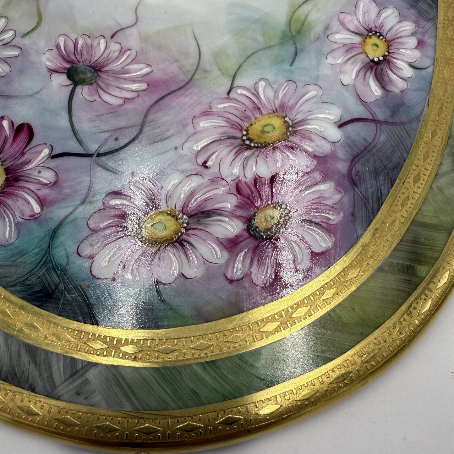 Royal Limoges France Painted Oval Floral Plaque Pink Gold Rim 12”x9” Porcelain