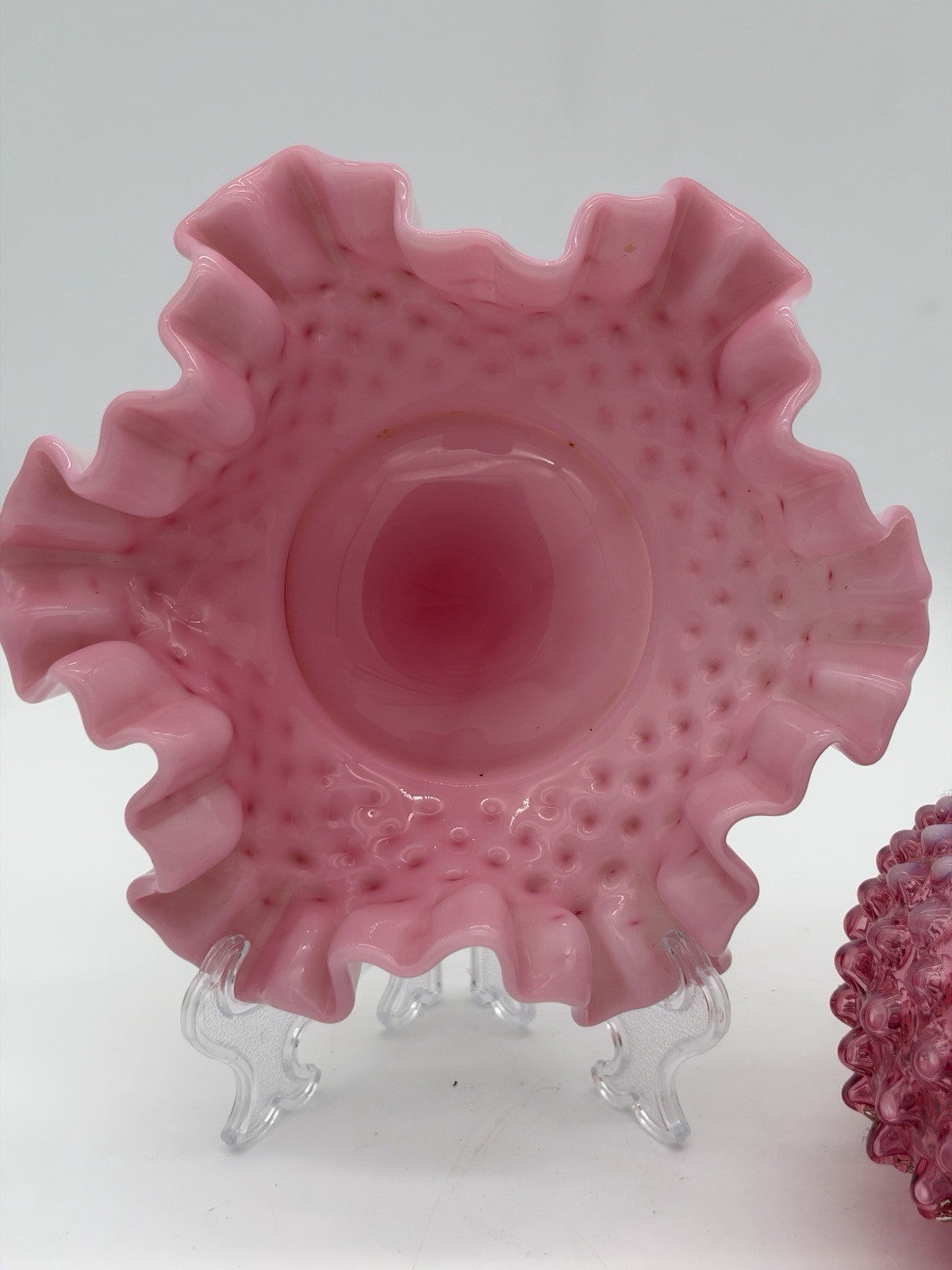 Vtg Fenton Art Glass Cranberry Opalescent Hobnail Ruffled Bowl & Pitcher