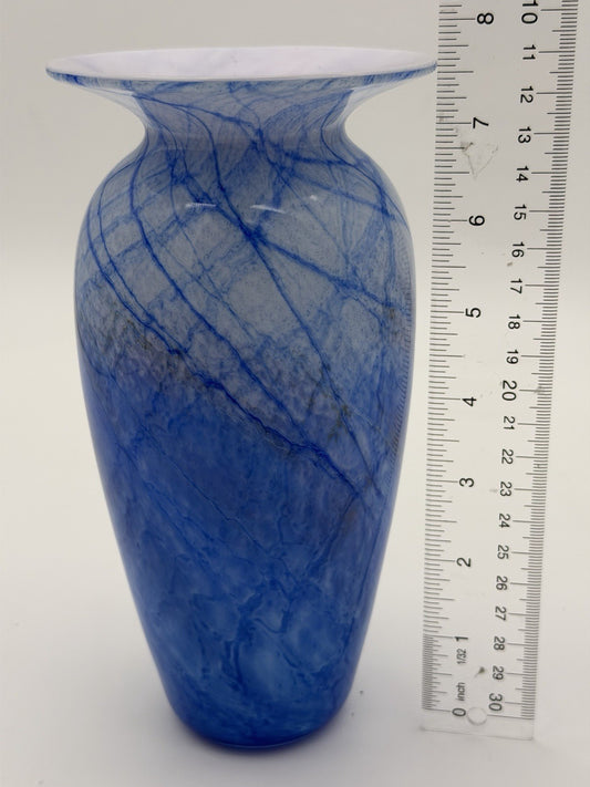 Michael Nourot Studio Art Glass 7.5”H White Cased Blue Vintage Vase 1984