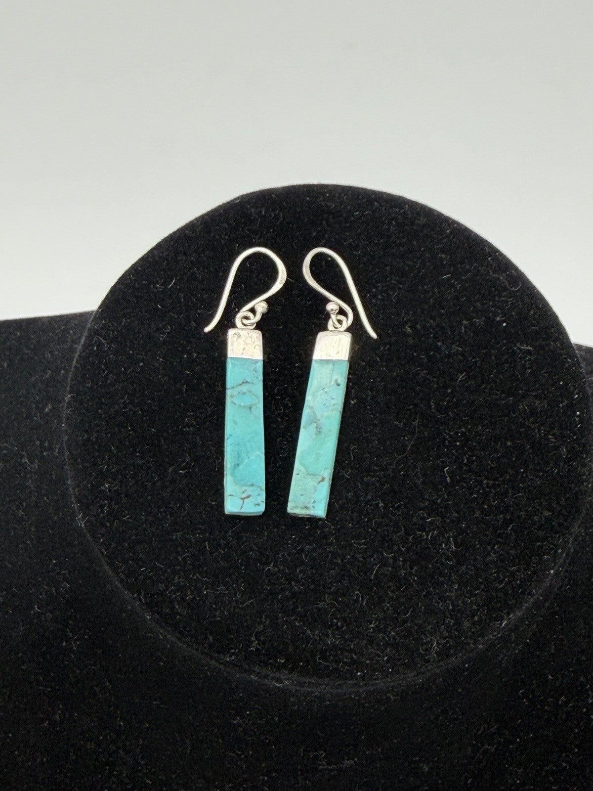 Sterling silver dangle earrings slender rectangular turquoise stone drops 925