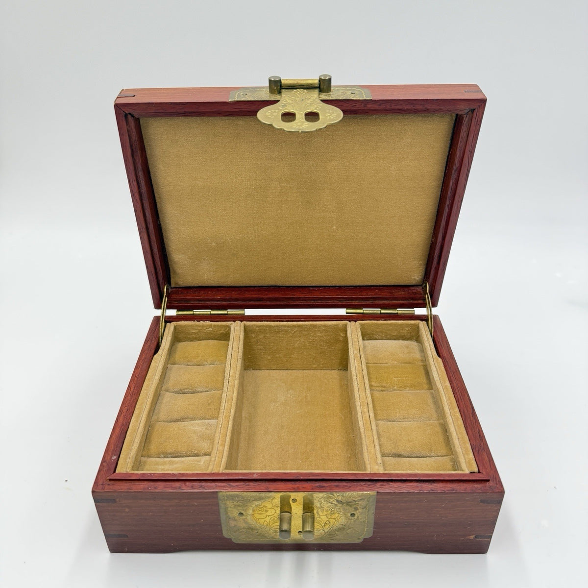 Chinese Classical Rosewood Brass Velvet Art Jewelry Case Trinket Box Wooden Asia