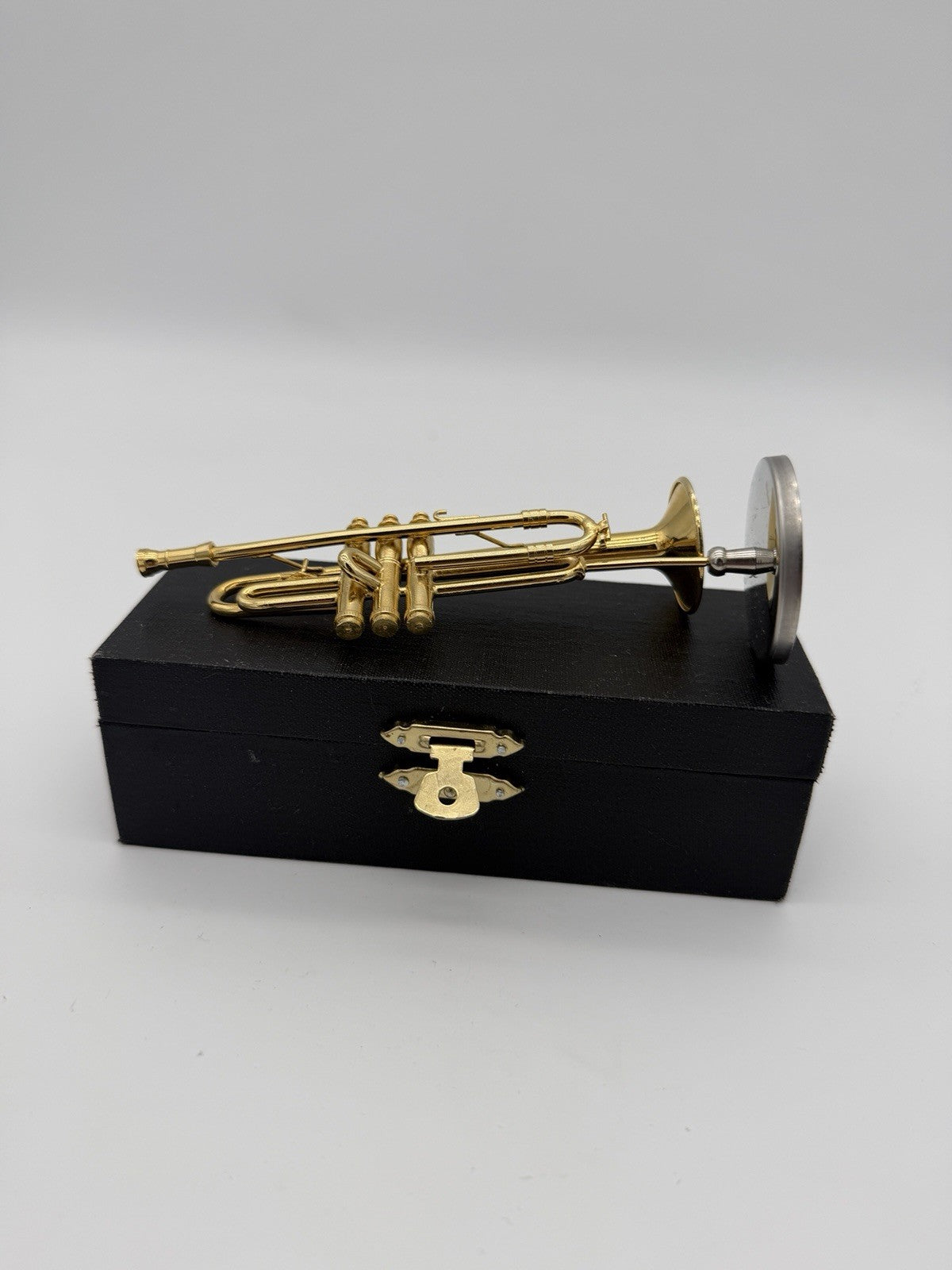 Broadway brand 5” miniature trumpet Instrument Brass figurine W/case & Stand Vtg