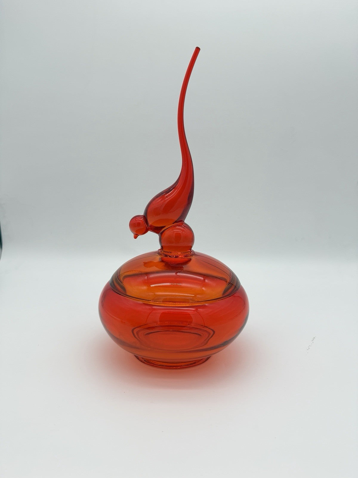 Viking Epic Glass Orange Long Tail Bird Covered Dish Bowl 11”H Large MCM