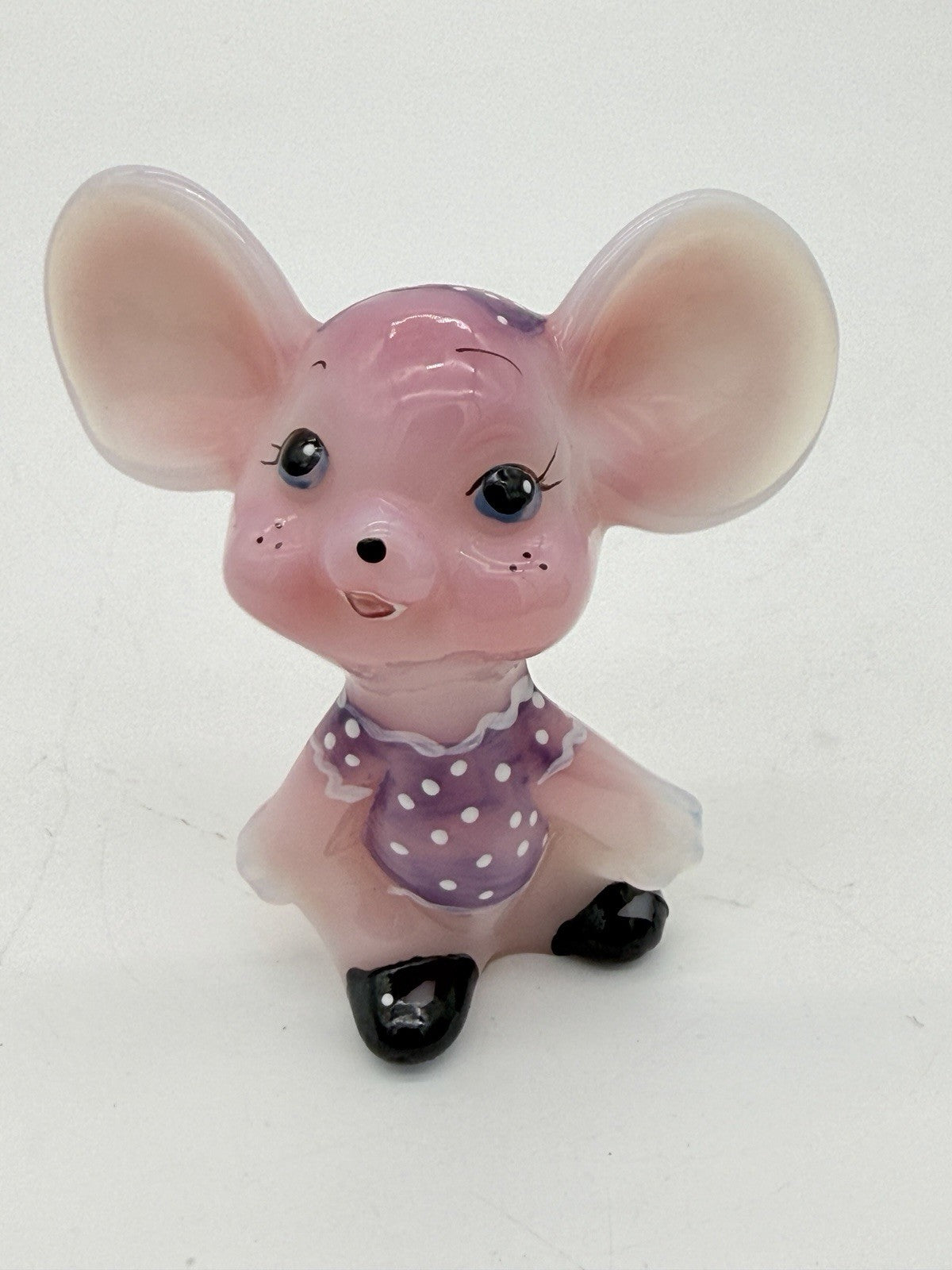 Fenton Art Glass Rosalene Purple Polka Dot Dress Hand Painted Mouse Figurine