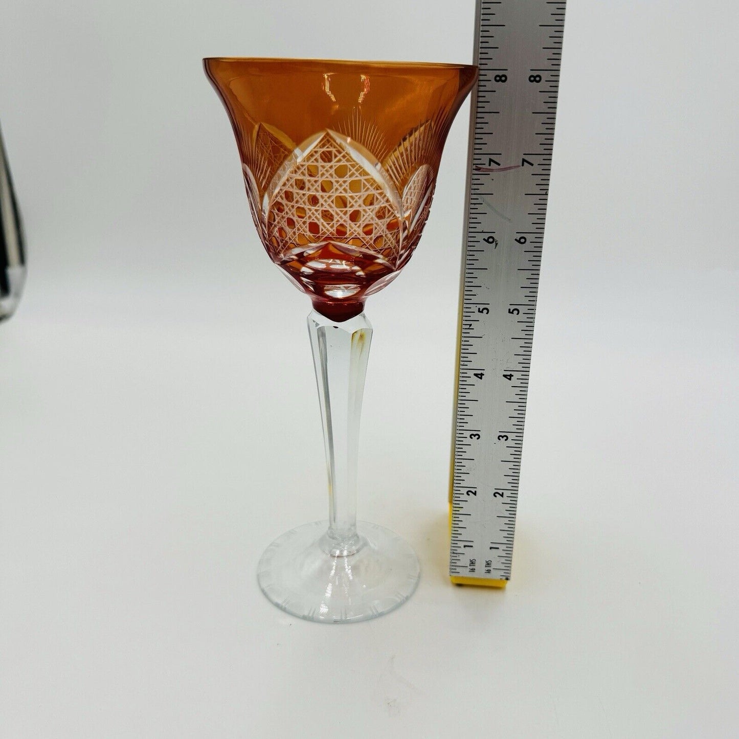 Bohemian crystal cut wine glass orange replacement 8” Vintage Etched