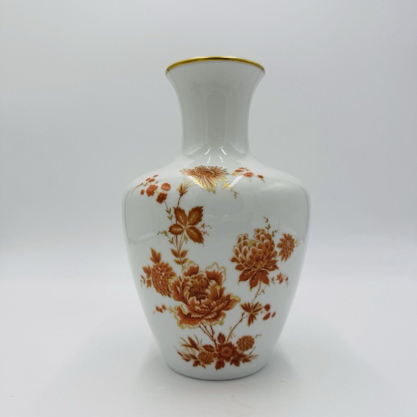 Rare Kaiser Germany Porcelain Floral Burgund Bud Vase 8.5”H Vintage Gold Rim