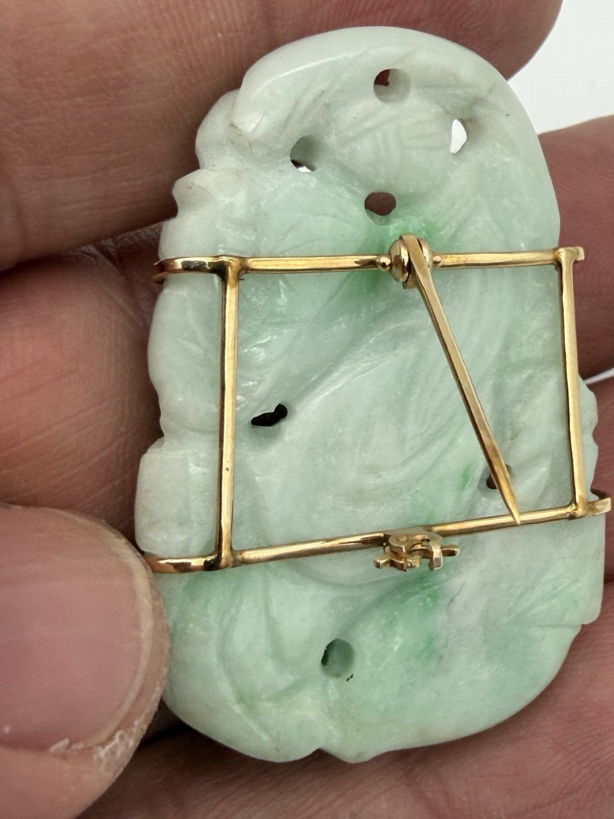 Antique Chinese 14K Yellow Gold Jadeite Jade Pin Brooch Natural Jade
