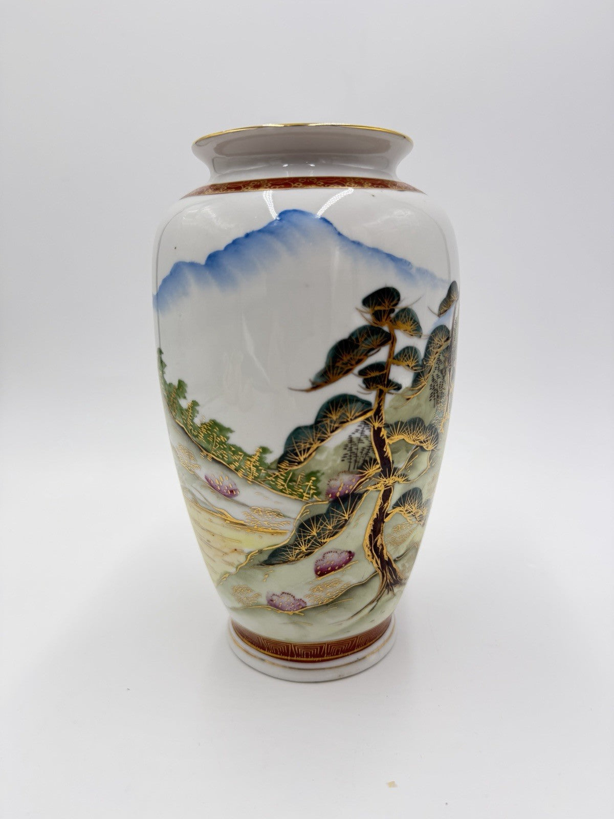 Antique Japanese Porcelain Satsuma vase Meiji period pagoda mountain 8.5”H
