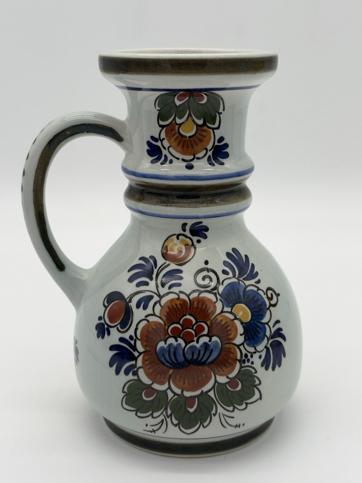 Delft Dutch Art Pottery Polychroom Pitcher Hand-Painted Floral Ceramic Vase 6”